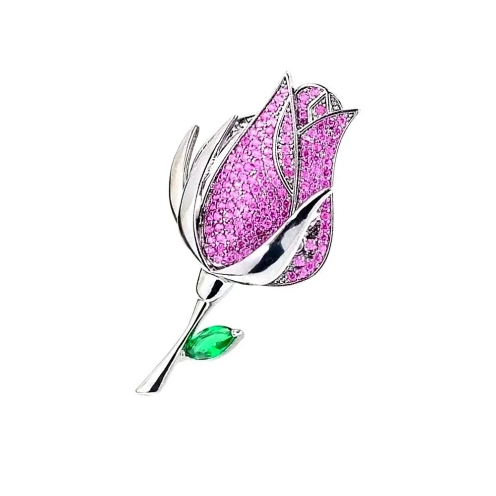 Elegant Rose Flower Brooch Pin Rhinestone‎ Crystal Gem Leaf Silver Women Jewelry
